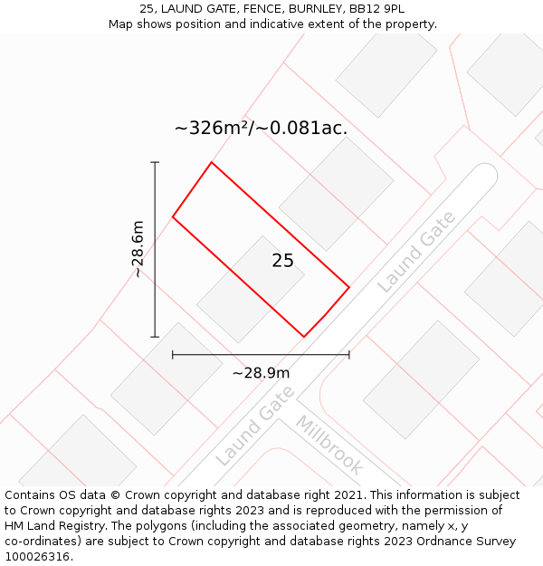 25, LAUND GATE, FENCE, BURNLEY, BB12 9PL: Plot and title map
