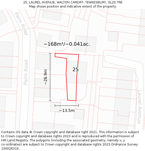 25, LAUREL AVENUE, WALTON CARDIFF, TEWKESBURY, GL20 7RE: Plot and title map