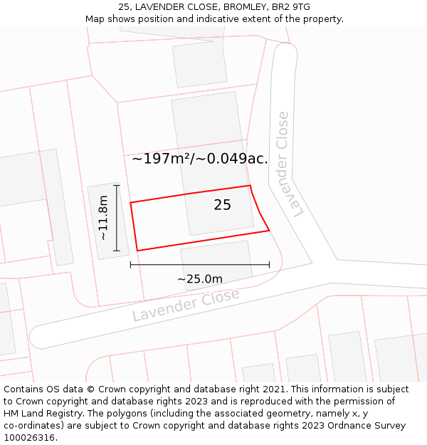 25, LAVENDER CLOSE, BROMLEY, BR2 9TG: Plot and title map