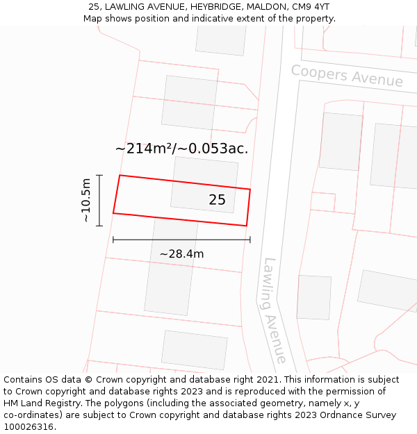 25, LAWLING AVENUE, HEYBRIDGE, MALDON, CM9 4YT: Plot and title map