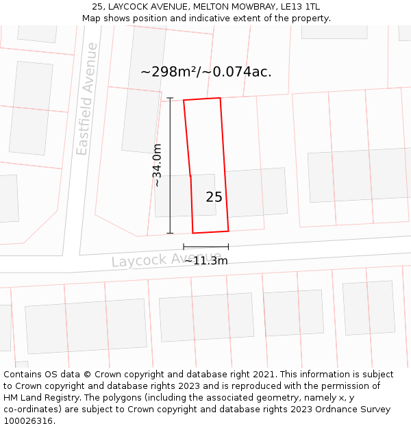 25, LAYCOCK AVENUE, MELTON MOWBRAY, LE13 1TL: Plot and title map