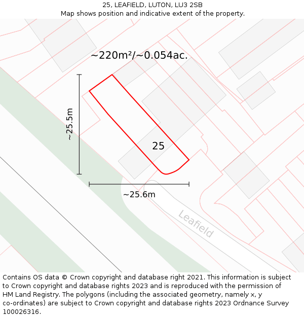 25, LEAFIELD, LUTON, LU3 2SB: Plot and title map