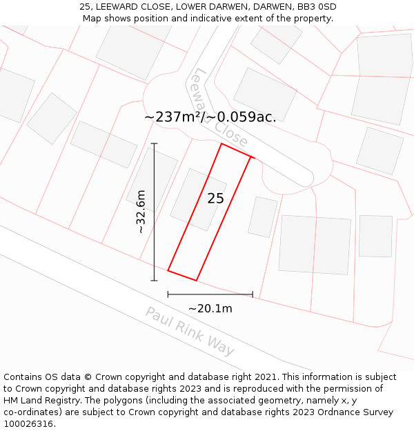 25, LEEWARD CLOSE, LOWER DARWEN, DARWEN, BB3 0SD: Plot and title map