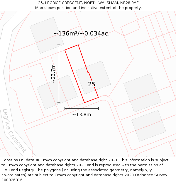 25, LEGRICE CRESCENT, NORTH WALSHAM, NR28 9AE: Plot and title map