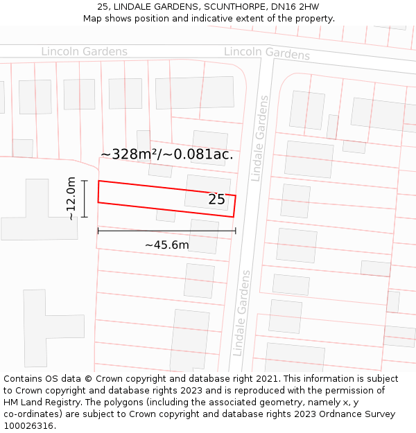 25, LINDALE GARDENS, SCUNTHORPE, DN16 2HW: Plot and title map