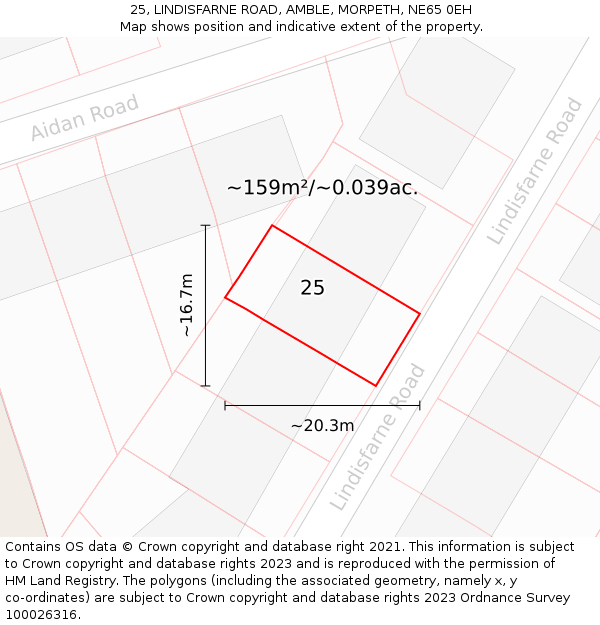 25, LINDISFARNE ROAD, AMBLE, MORPETH, NE65 0EH: Plot and title map