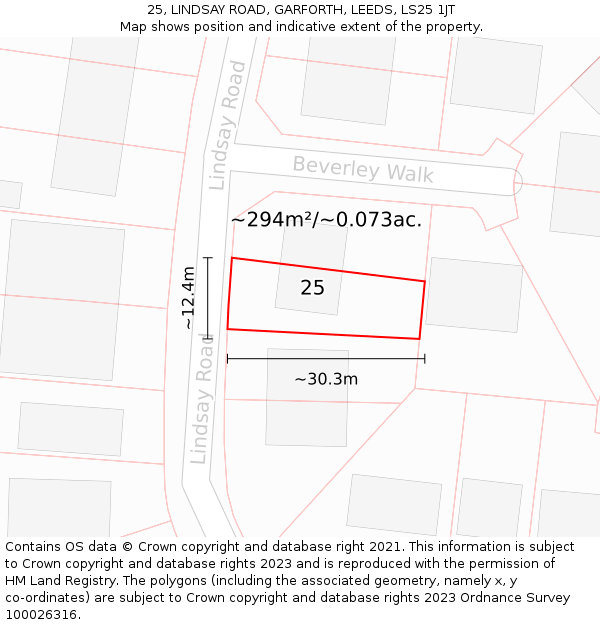 25, LINDSAY ROAD, GARFORTH, LEEDS, LS25 1JT: Plot and title map