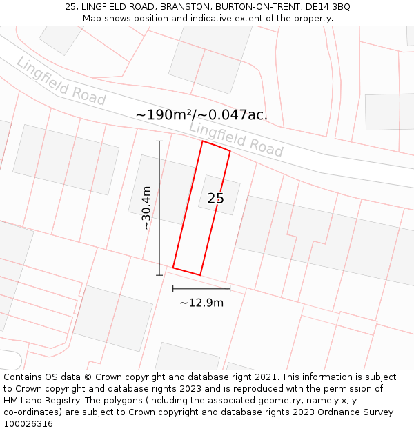 25, LINGFIELD ROAD, BRANSTON, BURTON-ON-TRENT, DE14 3BQ: Plot and title map