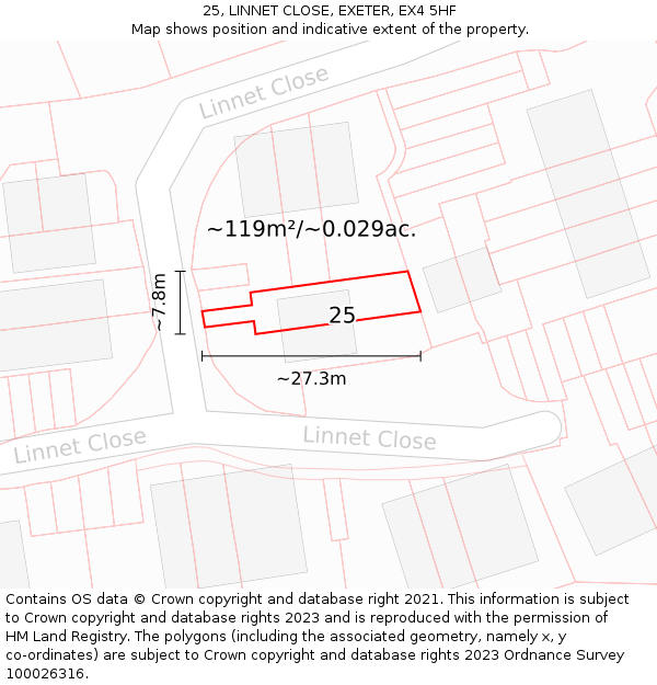 25, LINNET CLOSE, EXETER, EX4 5HF: Plot and title map