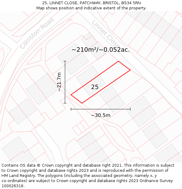 25, LINNET CLOSE, PATCHWAY, BRISTOL, BS34 5RN: Plot and title map