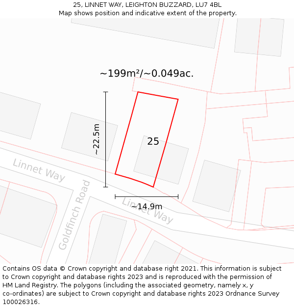 25, LINNET WAY, LEIGHTON BUZZARD, LU7 4BL: Plot and title map