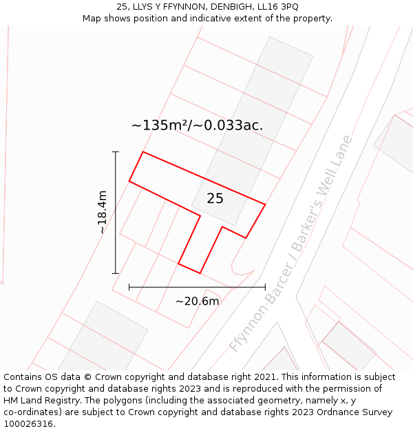 25, LLYS Y FFYNNON, DENBIGH, LL16 3PQ: Plot and title map