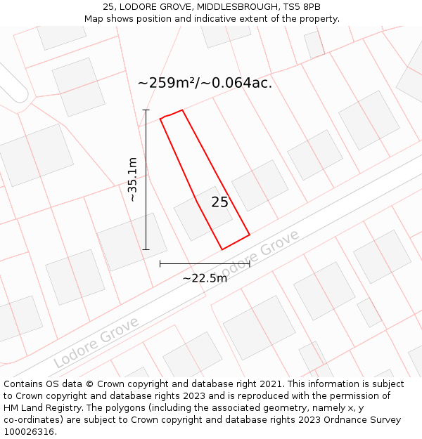 25, LODORE GROVE, MIDDLESBROUGH, TS5 8PB: Plot and title map