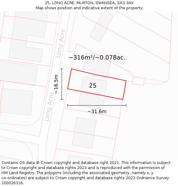 25, LONG ACRE, MURTON, SWANSEA, SA3 3AX: Plot and title map
