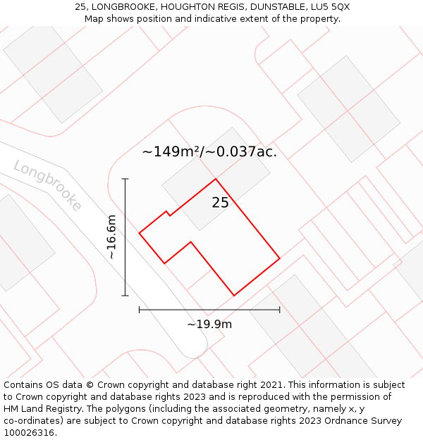 25, LONGBROOKE, HOUGHTON REGIS, DUNSTABLE, LU5 5QX: Plot and title map