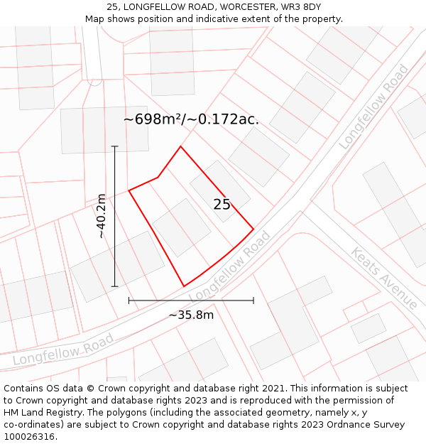 25, LONGFELLOW ROAD, WORCESTER, WR3 8DY: Plot and title map