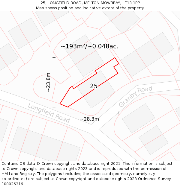 25, LONGFIELD ROAD, MELTON MOWBRAY, LE13 1PP: Plot and title map