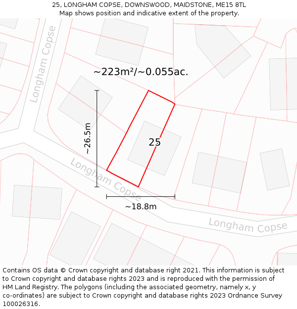 25, LONGHAM COPSE, DOWNSWOOD, MAIDSTONE, ME15 8TL: Plot and title map