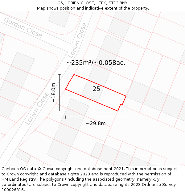 25, LORIEN CLOSE, LEEK, ST13 8NY: Plot and title map