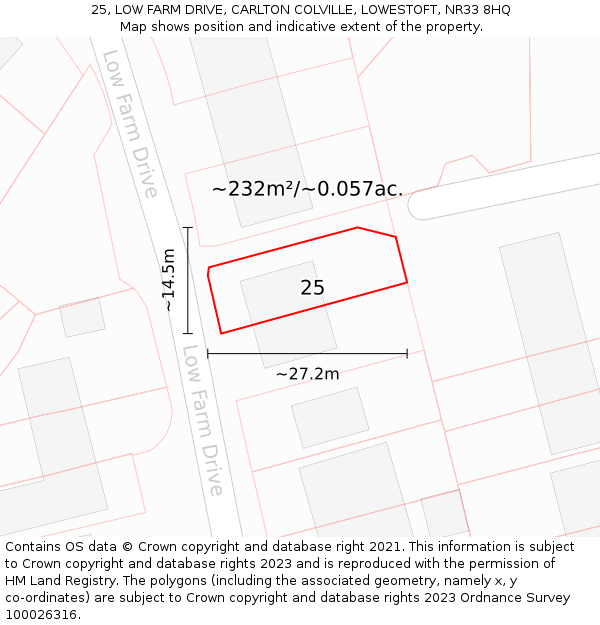 25, LOW FARM DRIVE, CARLTON COLVILLE, LOWESTOFT, NR33 8HQ: Plot and title map