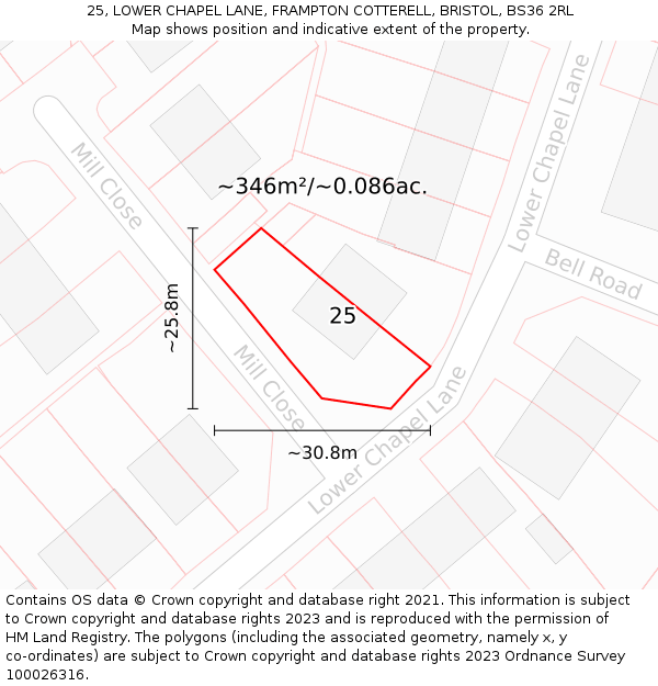 25, LOWER CHAPEL LANE, FRAMPTON COTTERELL, BRISTOL, BS36 2RL: Plot and title map