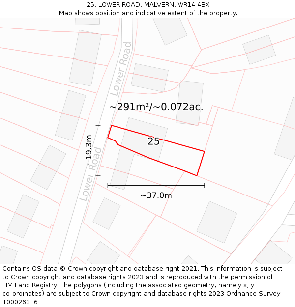 25, LOWER ROAD, MALVERN, WR14 4BX: Plot and title map