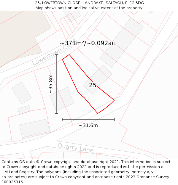 25, LOWERTOWN CLOSE, LANDRAKE, SALTASH, PL12 5DG: Plot and title map