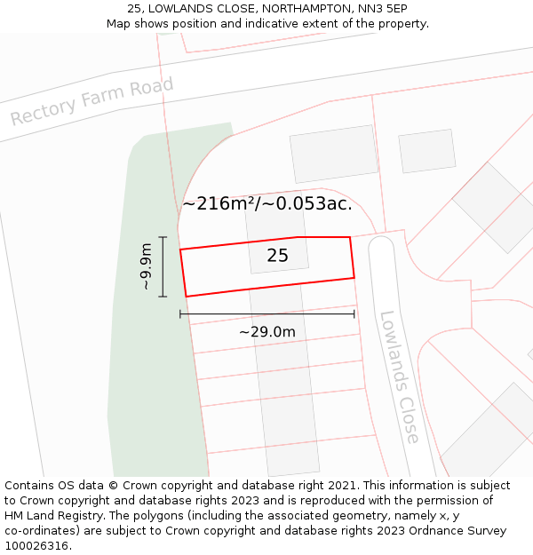 25, LOWLANDS CLOSE, NORTHAMPTON, NN3 5EP: Plot and title map