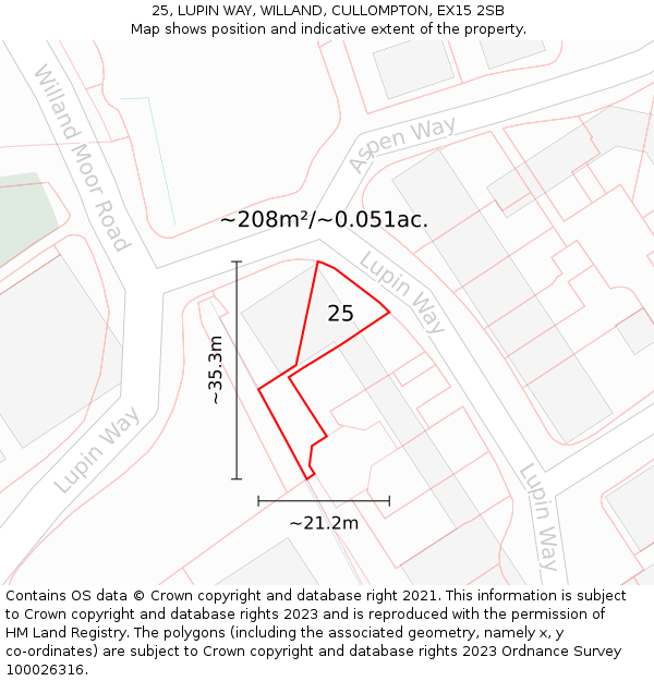 25, LUPIN WAY, WILLAND, CULLOMPTON, EX15 2SB: Plot and title map