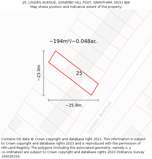 25, LYNDEN AVENUE, GONERBY HILL FOOT, GRANTHAM, NG31 8JW: Plot and title map