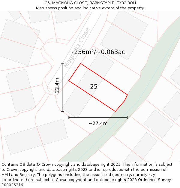 25, MAGNOLIA CLOSE, BARNSTAPLE, EX32 8QH: Plot and title map