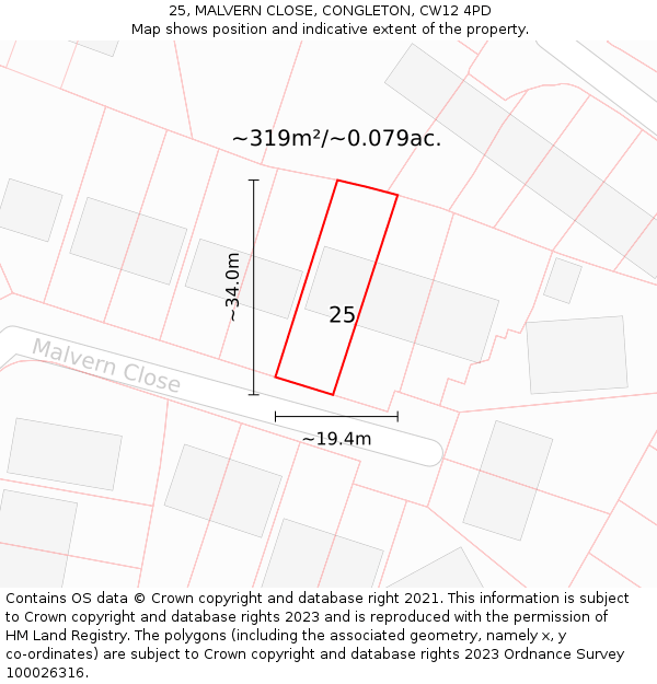 25, MALVERN CLOSE, CONGLETON, CW12 4PD: Plot and title map