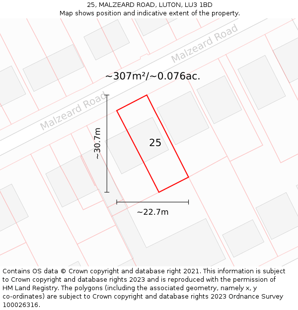 25, MALZEARD ROAD, LUTON, LU3 1BD: Plot and title map
