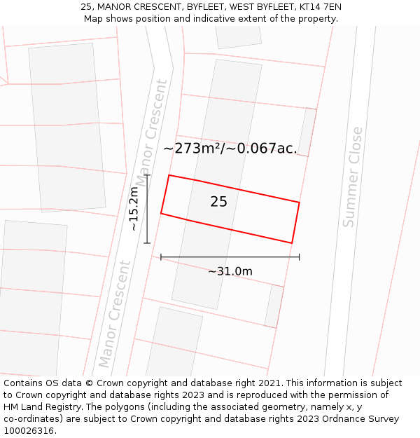 25, MANOR CRESCENT, BYFLEET, WEST BYFLEET, KT14 7EN: Plot and title map