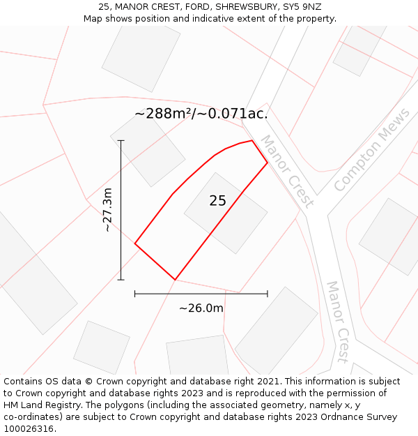 25, MANOR CREST, FORD, SHREWSBURY, SY5 9NZ: Plot and title map