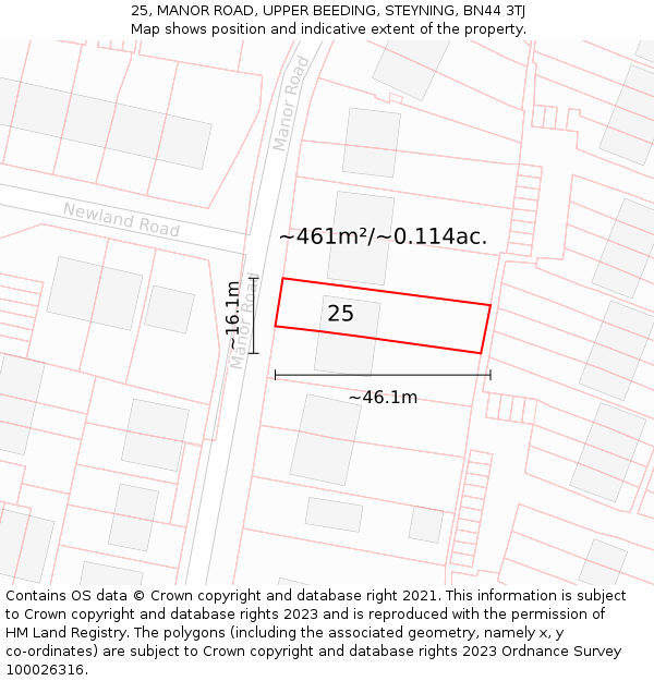 25, MANOR ROAD, UPPER BEEDING, STEYNING, BN44 3TJ: Plot and title map