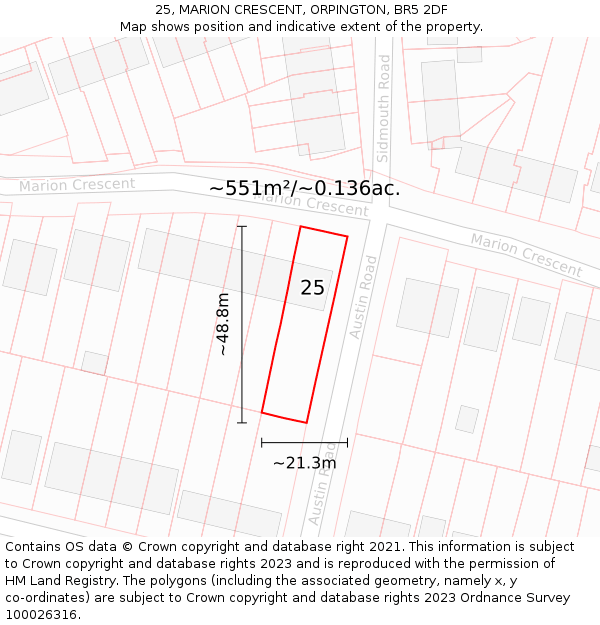 25, MARION CRESCENT, ORPINGTON, BR5 2DF: Plot and title map