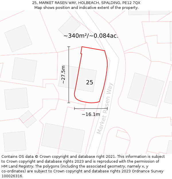 25, MARKET RASEN WAY, HOLBEACH, SPALDING, PE12 7QX: Plot and title map