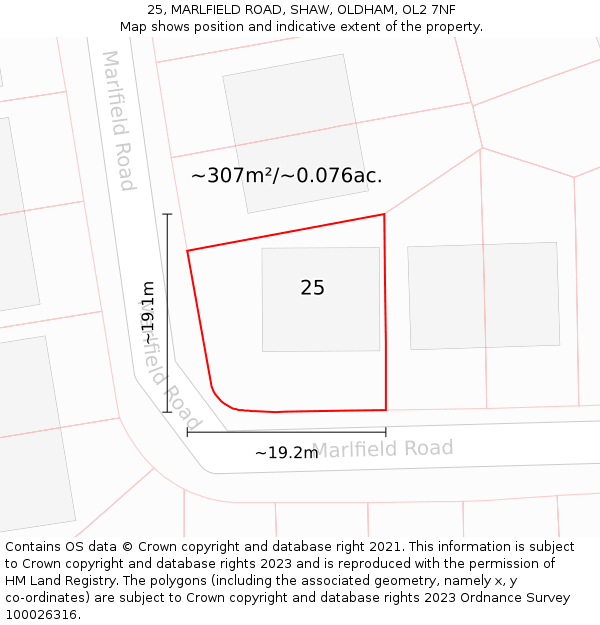 25, MARLFIELD ROAD, SHAW, OLDHAM, OL2 7NF: Plot and title map