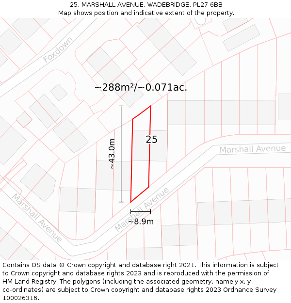 25, MARSHALL AVENUE, WADEBRIDGE, PL27 6BB: Plot and title map