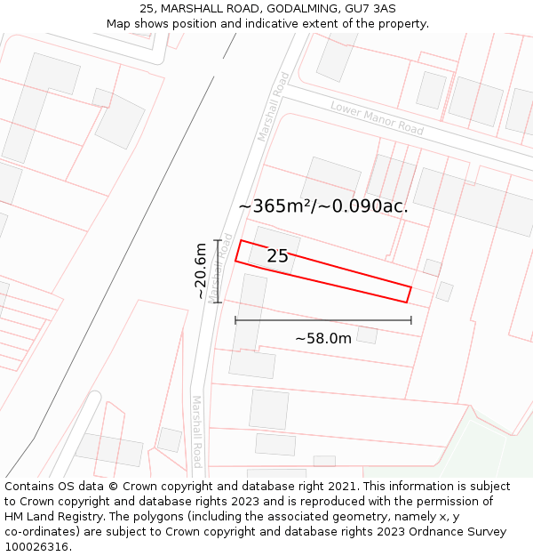 25, MARSHALL ROAD, GODALMING, GU7 3AS: Plot and title map
