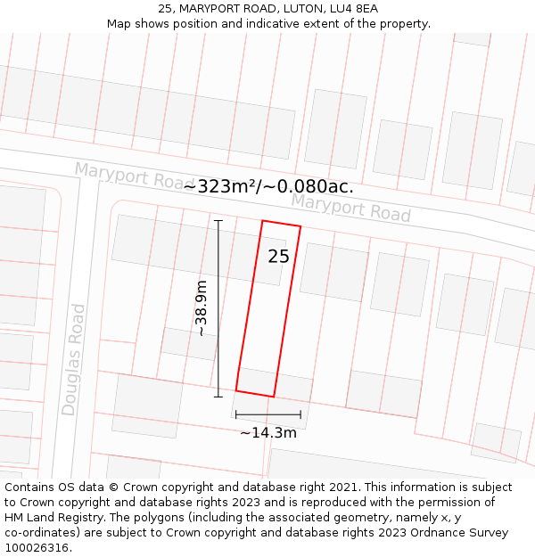 25, MARYPORT ROAD, LUTON, LU4 8EA: Plot and title map