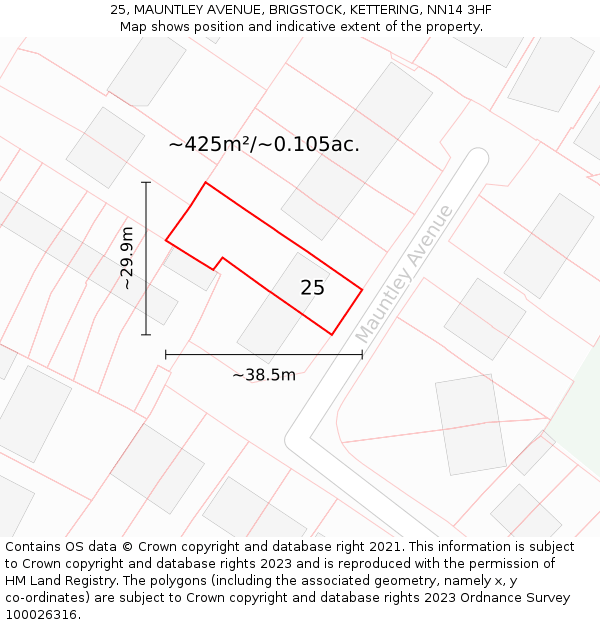 25, MAUNTLEY AVENUE, BRIGSTOCK, KETTERING, NN14 3HF: Plot and title map