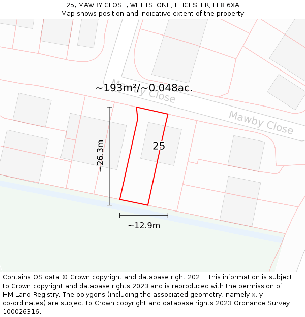 25, MAWBY CLOSE, WHETSTONE, LEICESTER, LE8 6XA: Plot and title map