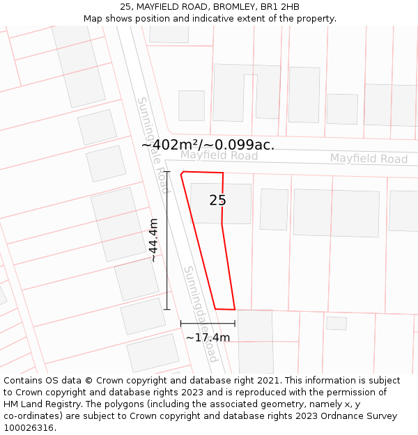 25, MAYFIELD ROAD, BROMLEY, BR1 2HB: Plot and title map
