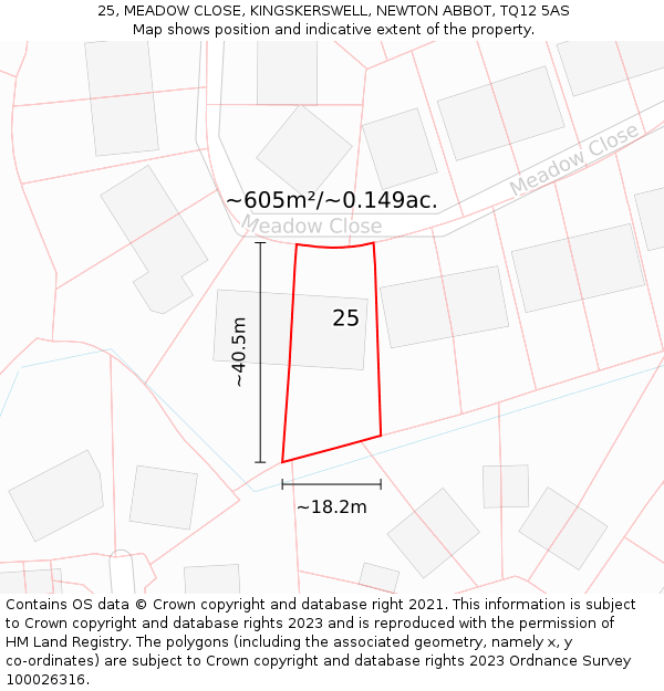 25, MEADOW CLOSE, KINGSKERSWELL, NEWTON ABBOT, TQ12 5AS: Plot and title map