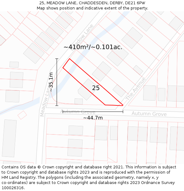 25, MEADOW LANE, CHADDESDEN, DERBY, DE21 6PW: Plot and title map