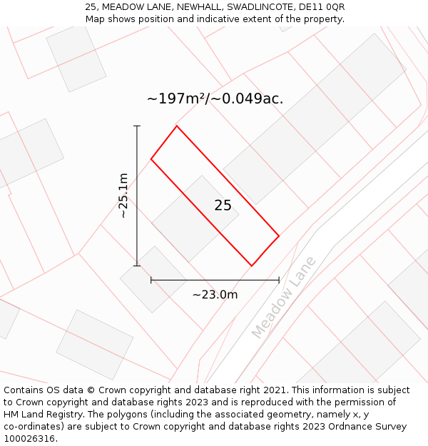 25, MEADOW LANE, NEWHALL, SWADLINCOTE, DE11 0QR: Plot and title map