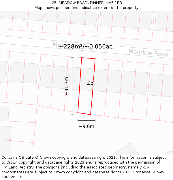 25, MEADOW ROAD, PINNER, HA5 1EB: Plot and title map