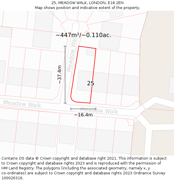 25, MEADOW WALK, LONDON, E18 2EN: Plot and title map